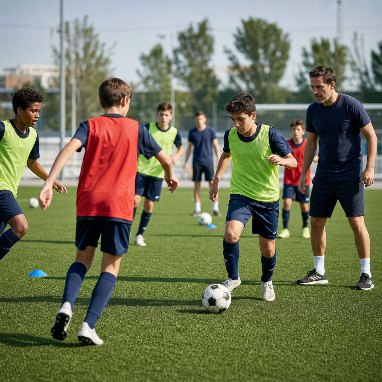 Jóvenes futbolistas entrenando con un entrenador