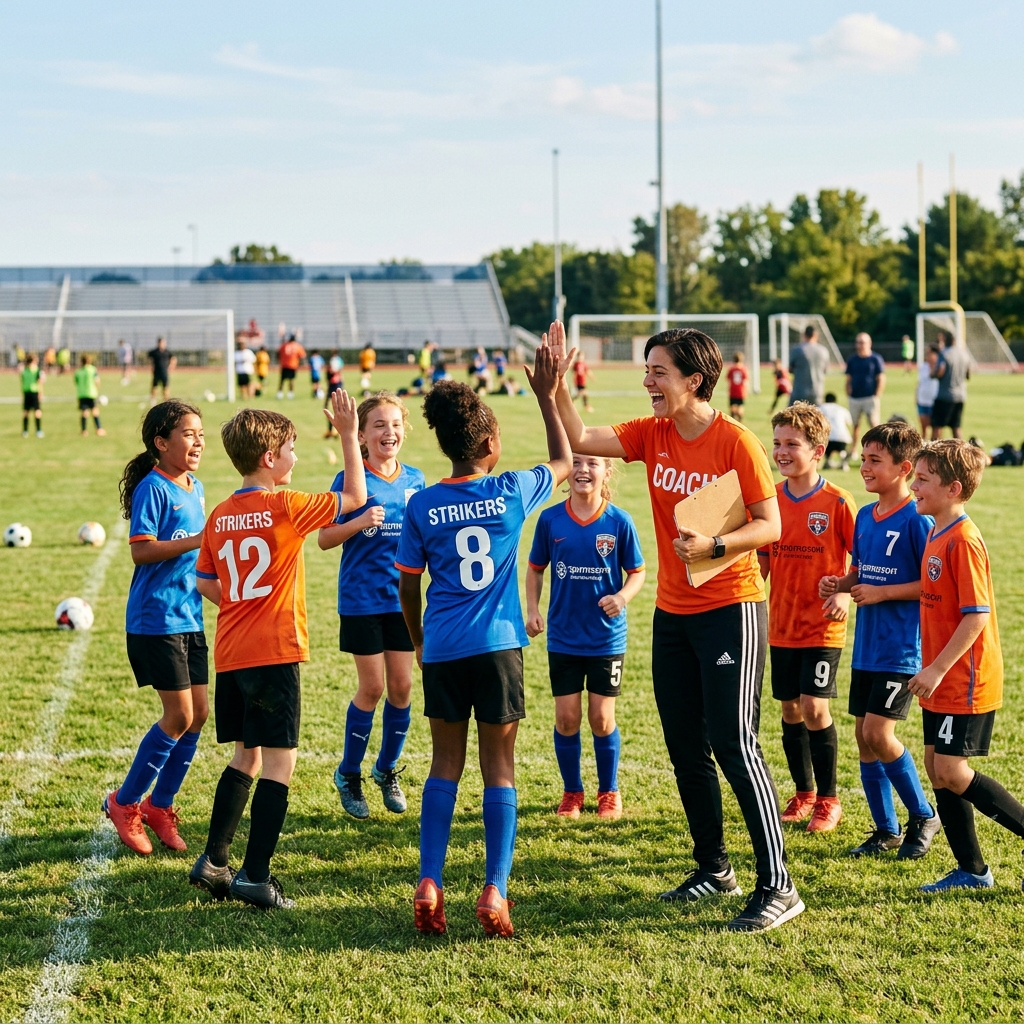 Niños futbolistas celebrando con su entrenadora